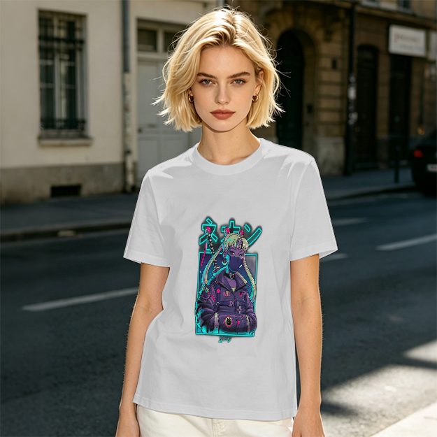 Olive T-shirt with cyberpunk anime character graphic