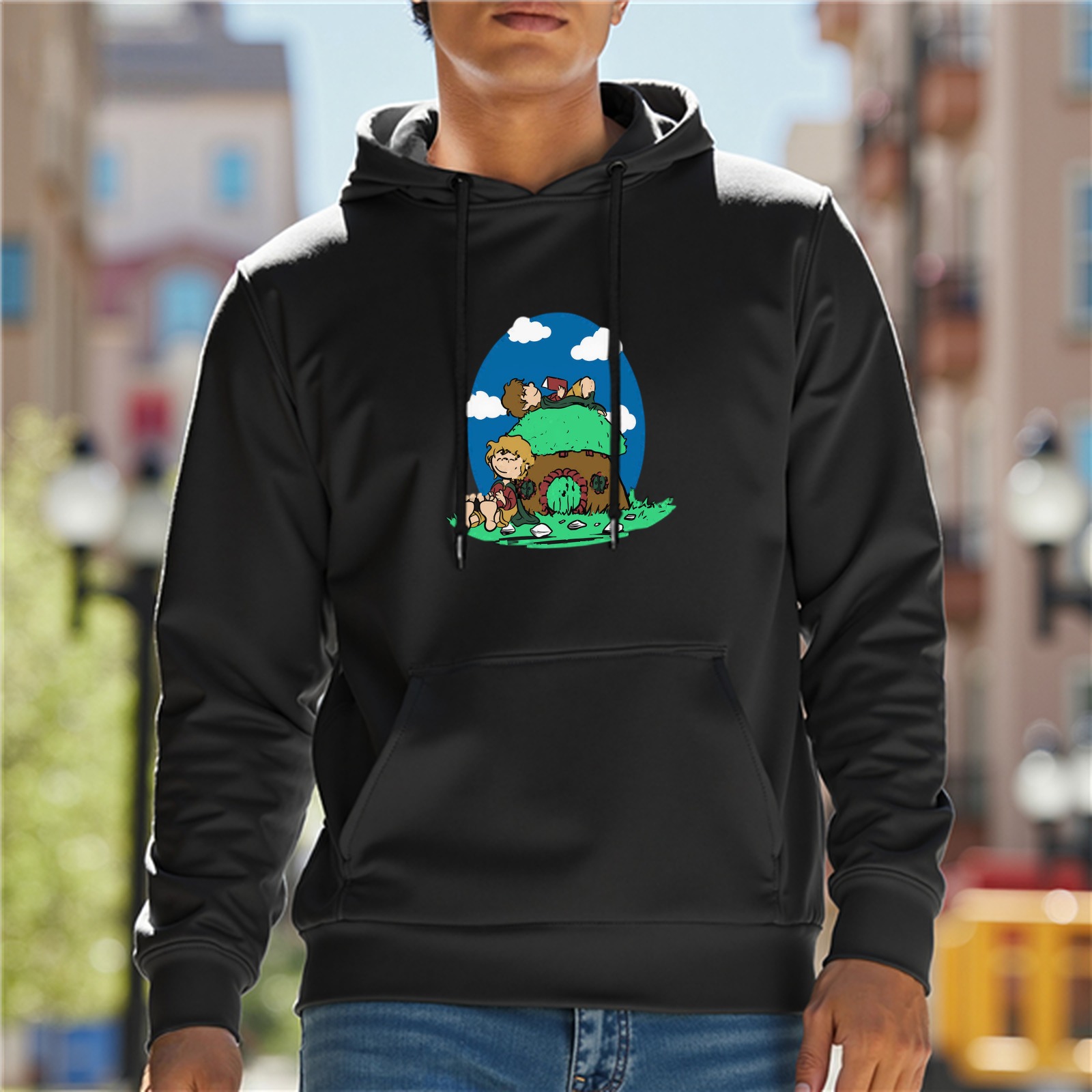 Black hoodie with mushroom house and cartoon characters graphic