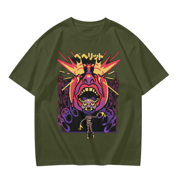 Olive t-shirt with surreal demon and ghost graphic print