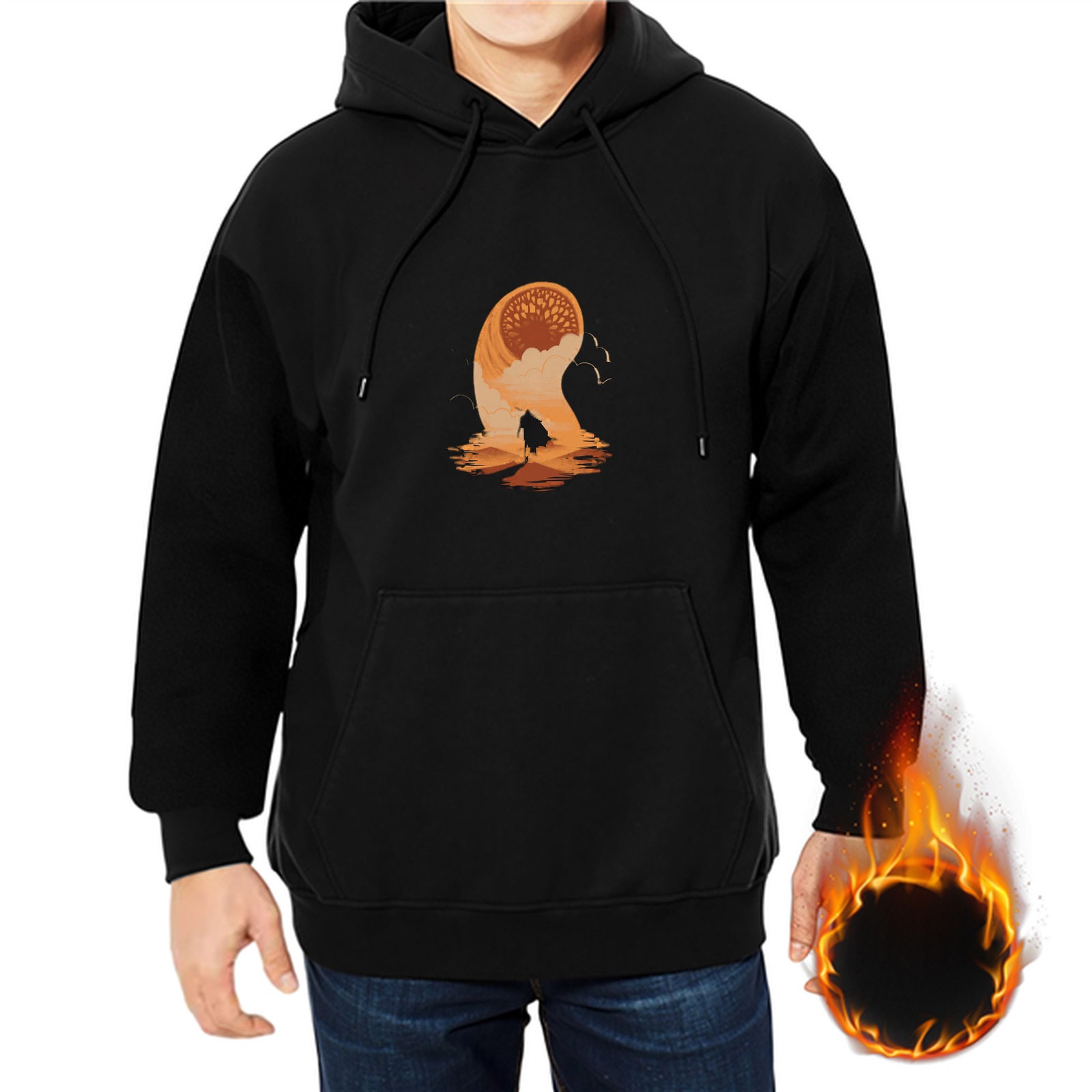 Black hoodie with desert sandworm and lone traveler graphic