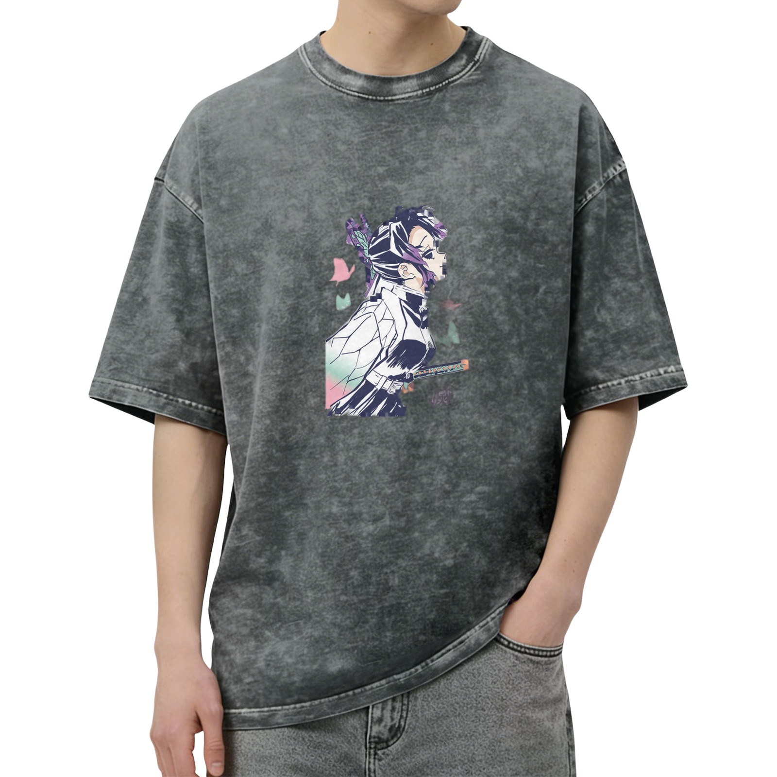 Oversized Vintage Wash Anime Graphic T-Shirt featuring Demon Slayer's Shinobu Kochou with Butterfly Motifs