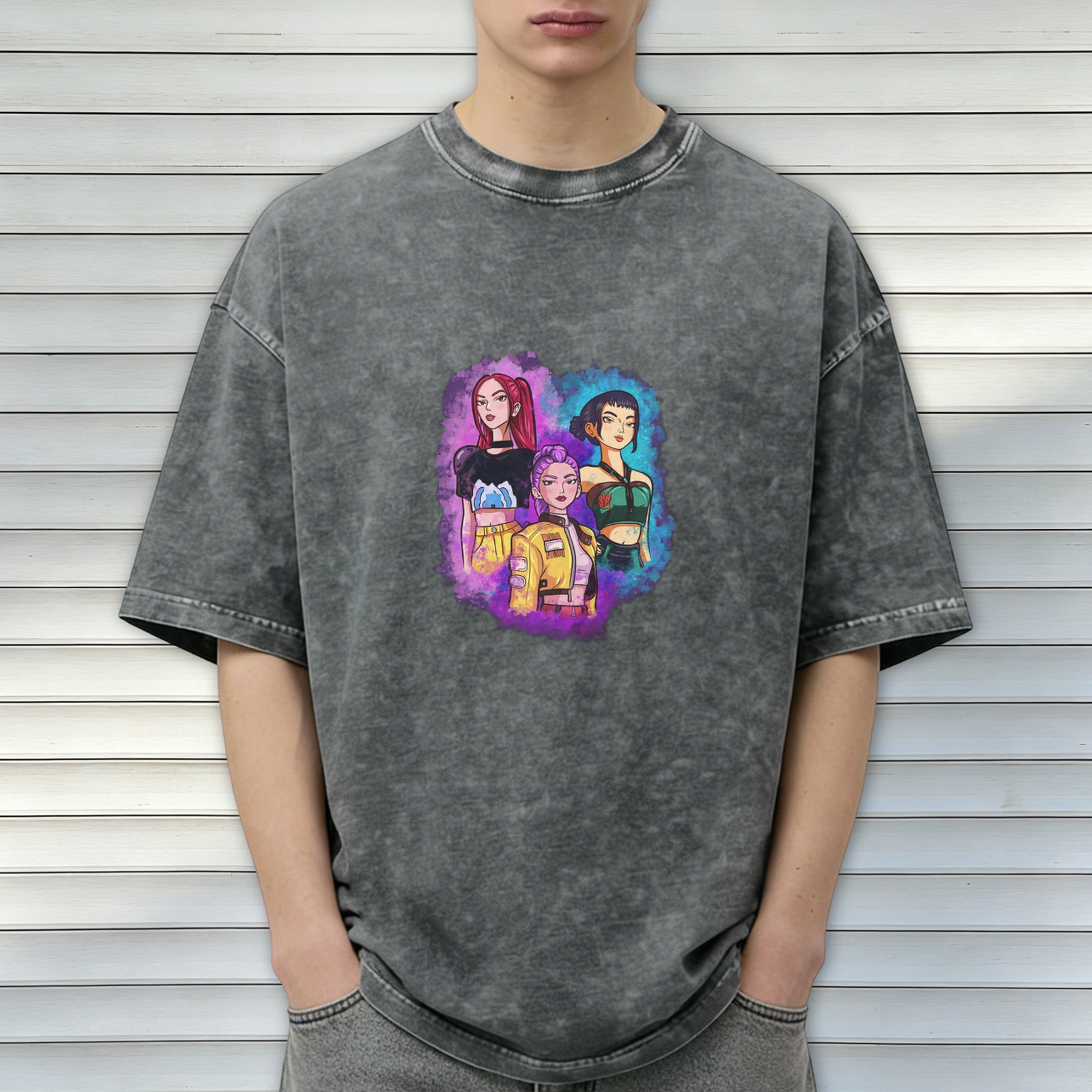 Oversized Acid Wash T-Shirt with Anime Girl Trio Graphic