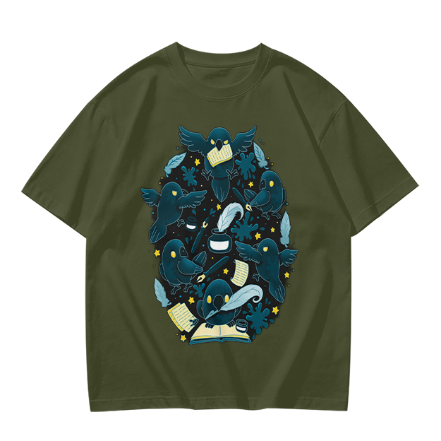 Olive T-Shirt With Whimsical Crow And Stationery Print
