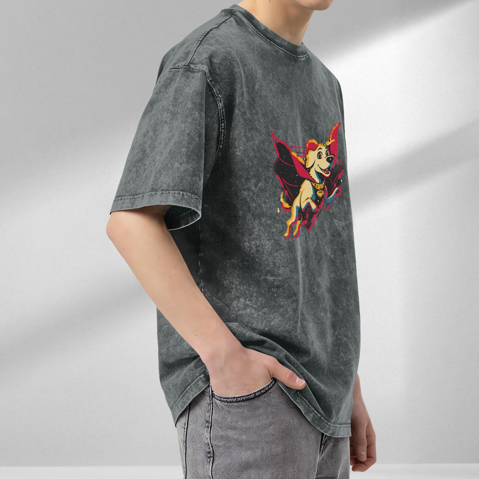 Oversized Dark Wash T-Shirt With Superhero Dog Graphic