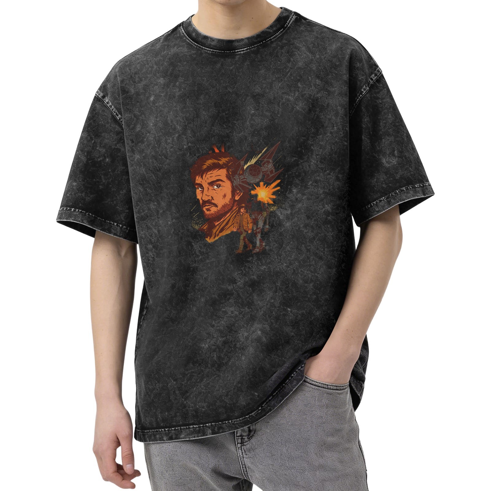 Washed Black Oversized T-Shirt with Retro Sci-Fi Character Graphic