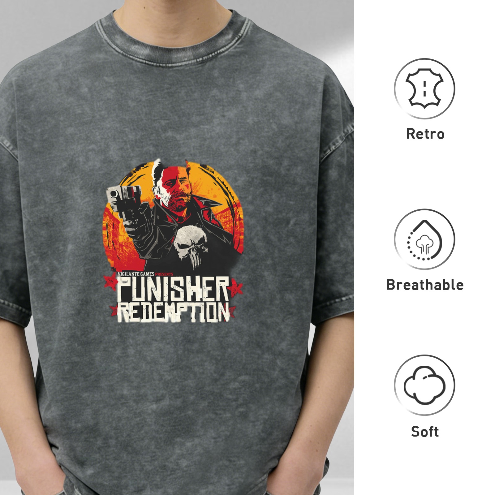 Punisher Redemption Graphic Stonewashed Black T-Shirt