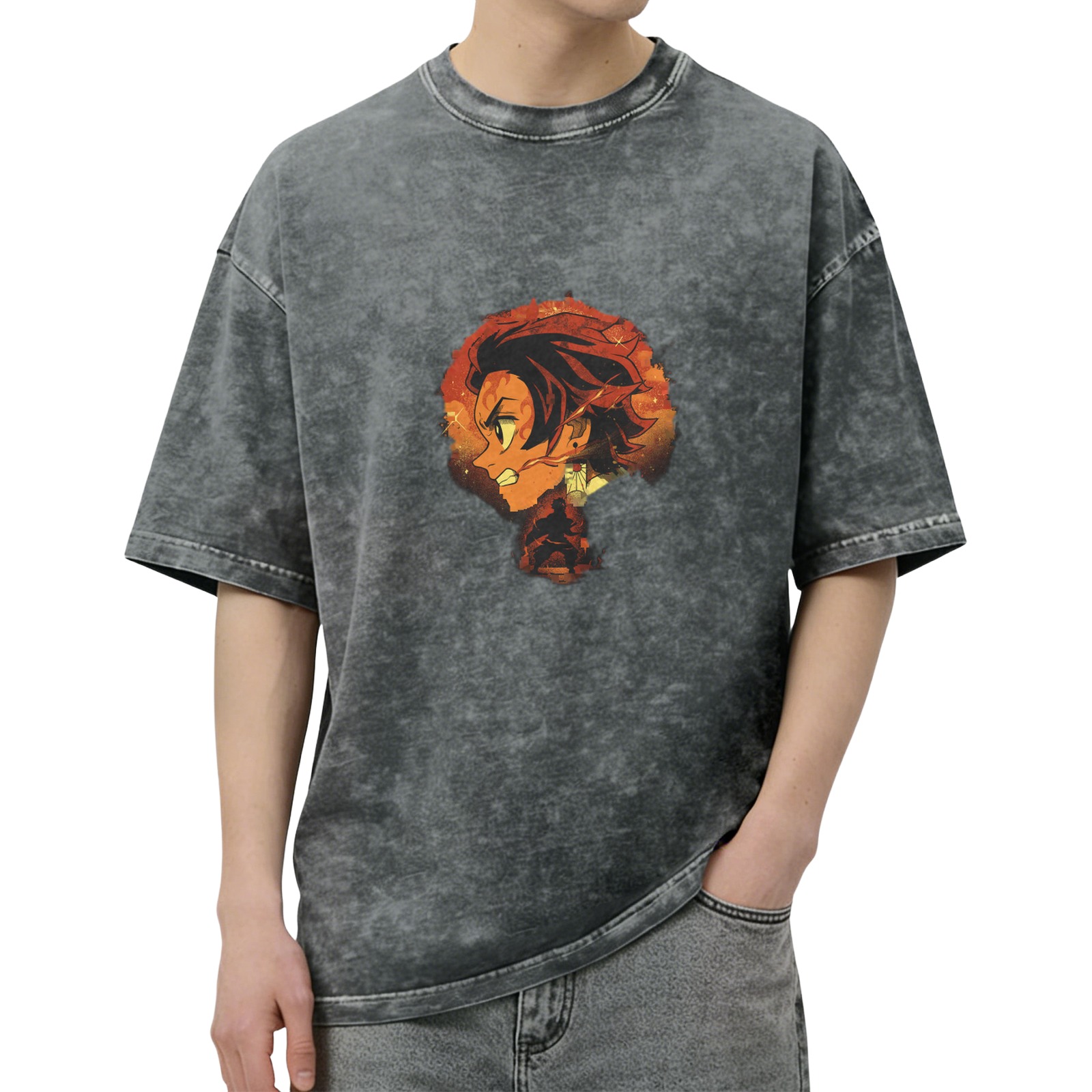 Oversized Washed Anime Demon Slayer T-Shirt with Fire Character Print