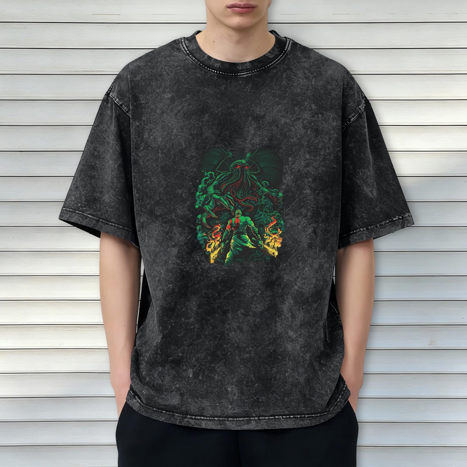 Oversized Acid Wash Graphic T-Shirt with Cthulhu and God of War Kratos Print, Dark Gray Distressed Short Sleeve Tee