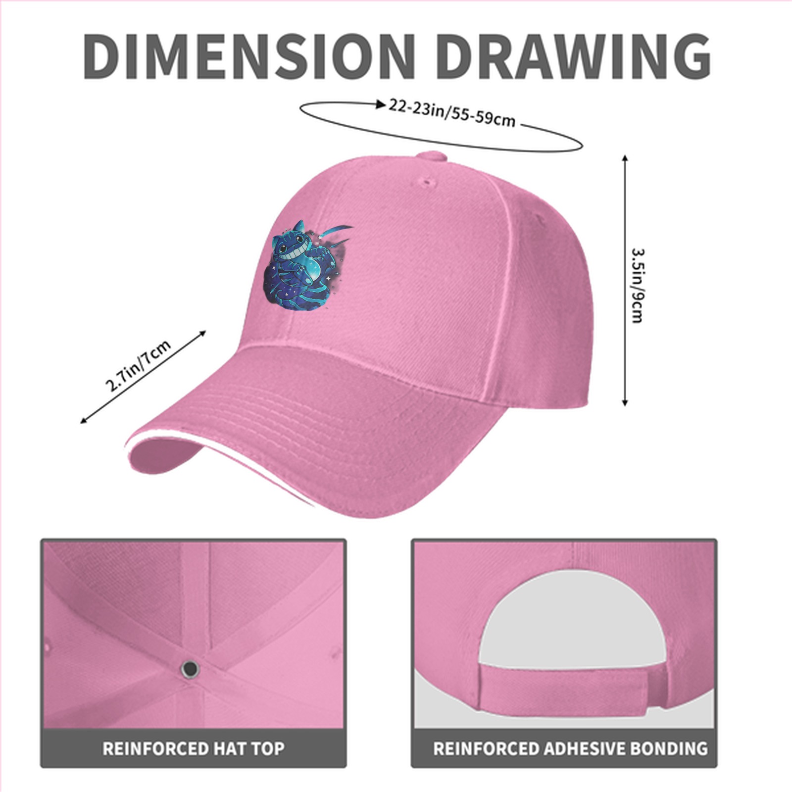 Black baseball cap with glowing Cheshire cat space graphic