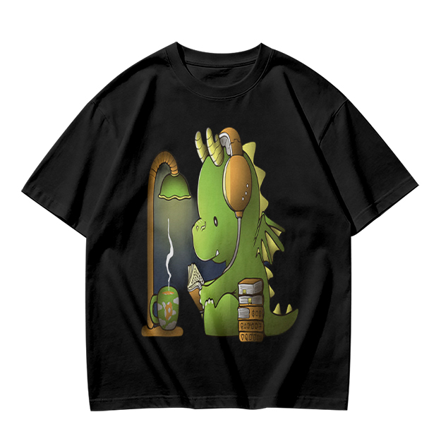 Olive T-Shirt with Cute Dragon Reading and Wearing Headphones