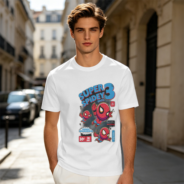 Olive T-shirt with Super Spidey 3 Chibi Spider-Man Graphic