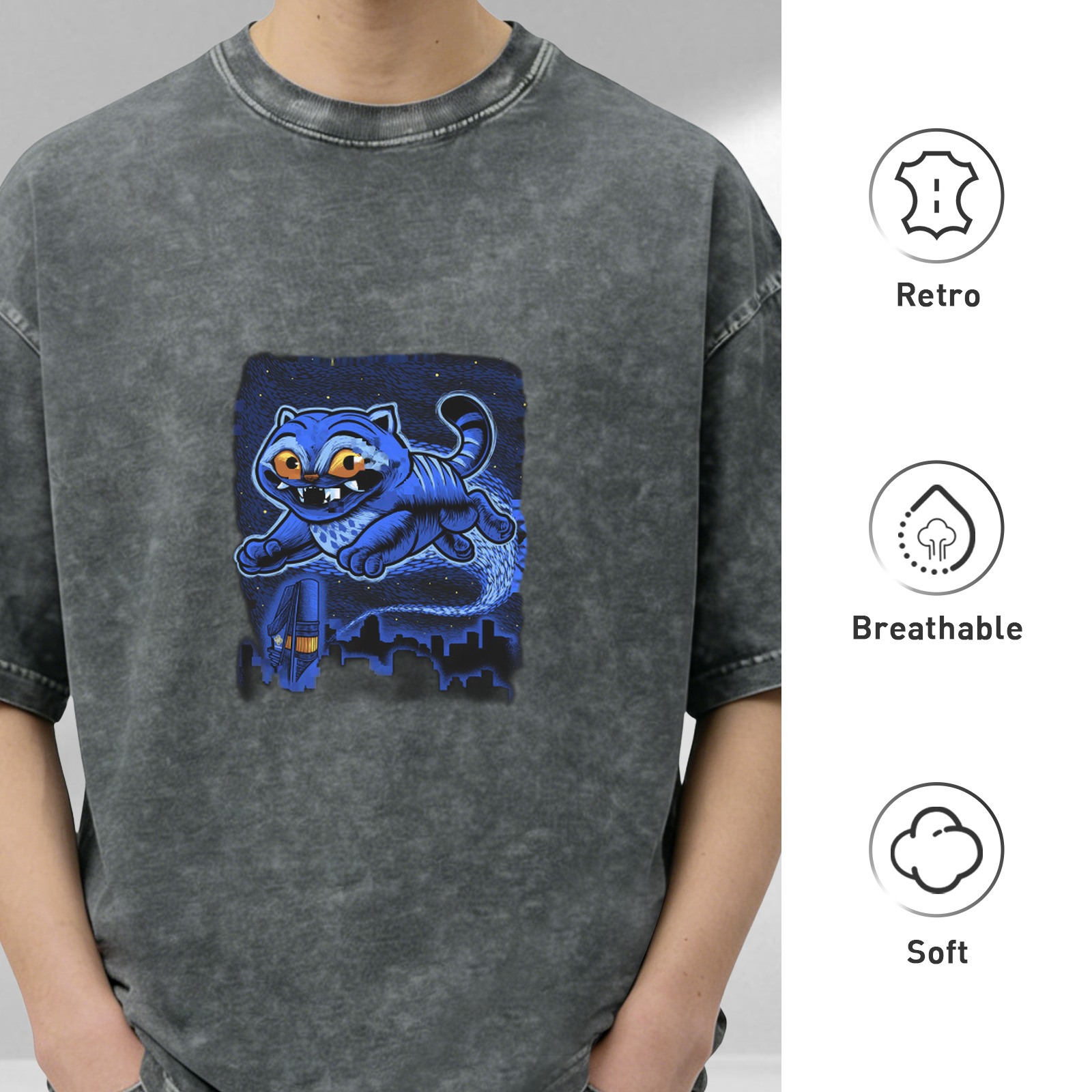 Oversized Acid Wash T-Shirt With Blue Flying Cat City Night Print