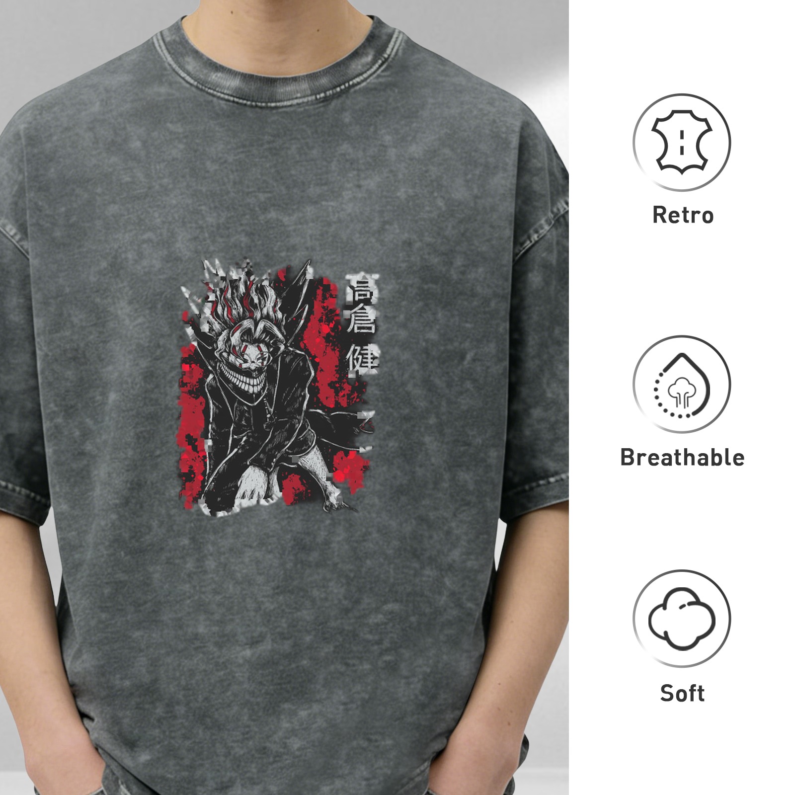 Takakura Ken anime print distressed washed short-sleeved T-shirt street style oversize round neck top