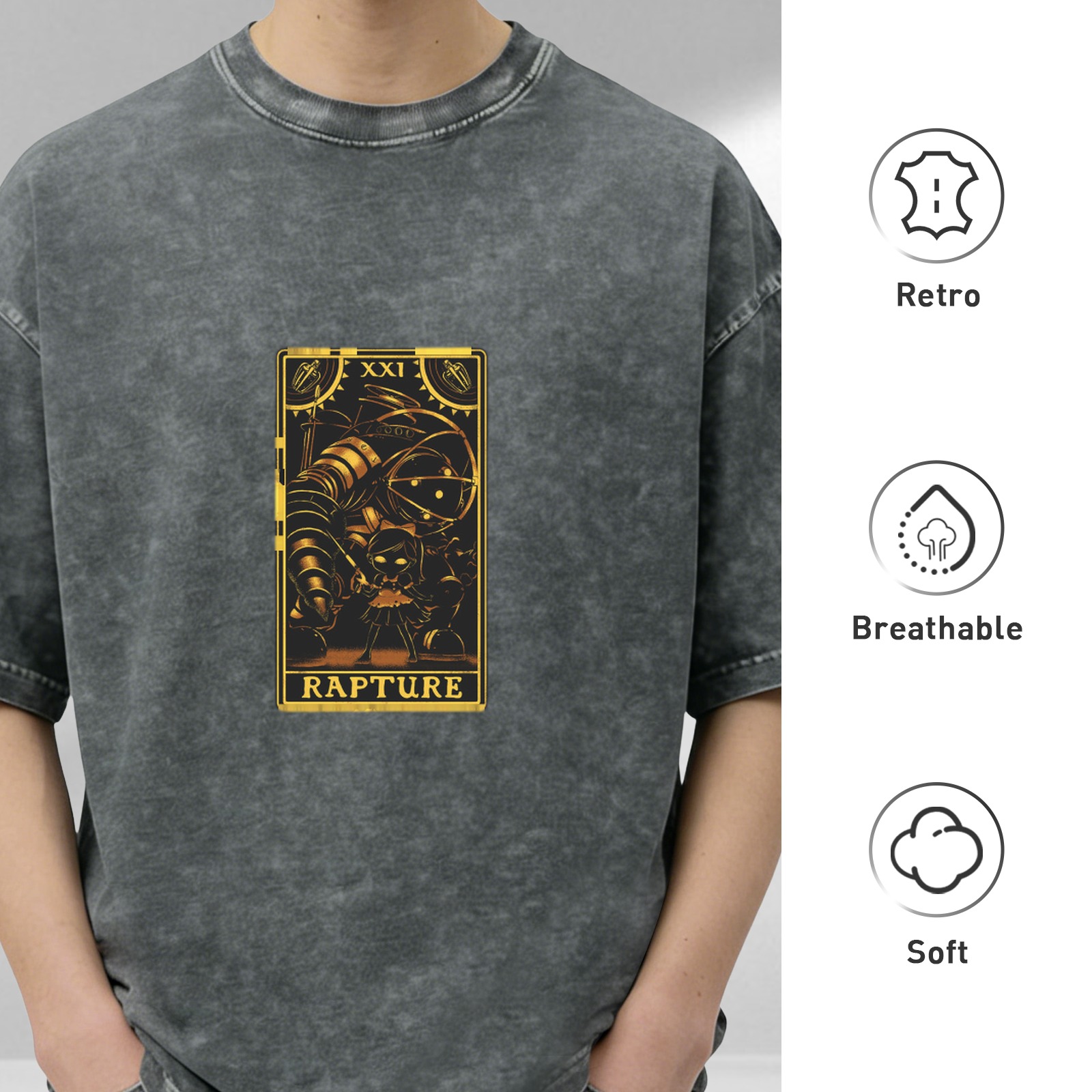 Bioshock Rapture Tarot Card Graphic Acid Wash T-shirt