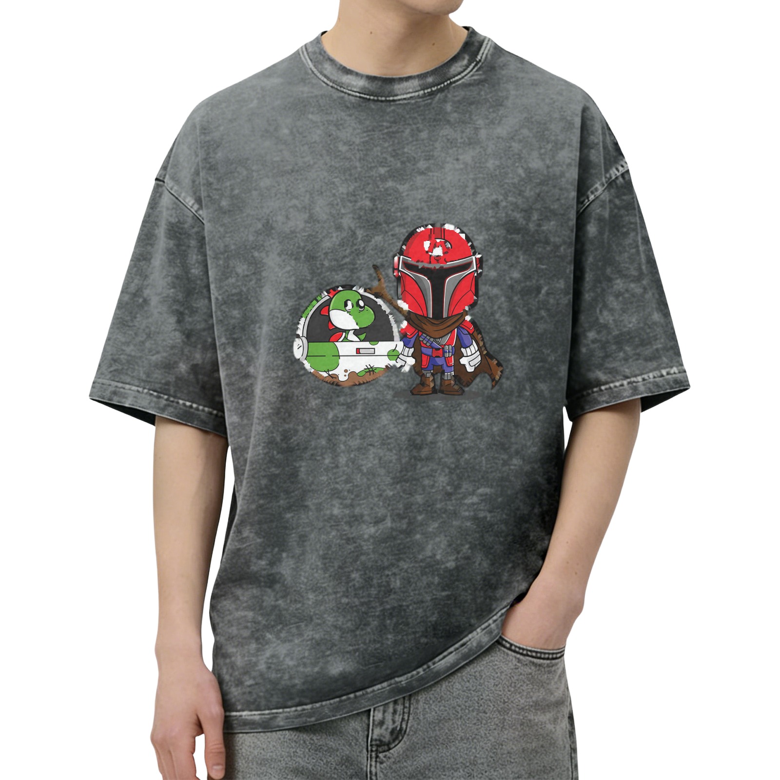 Retro washed black short-sleeved T-shirt, cartoon and anime co-branded print, loose casual top