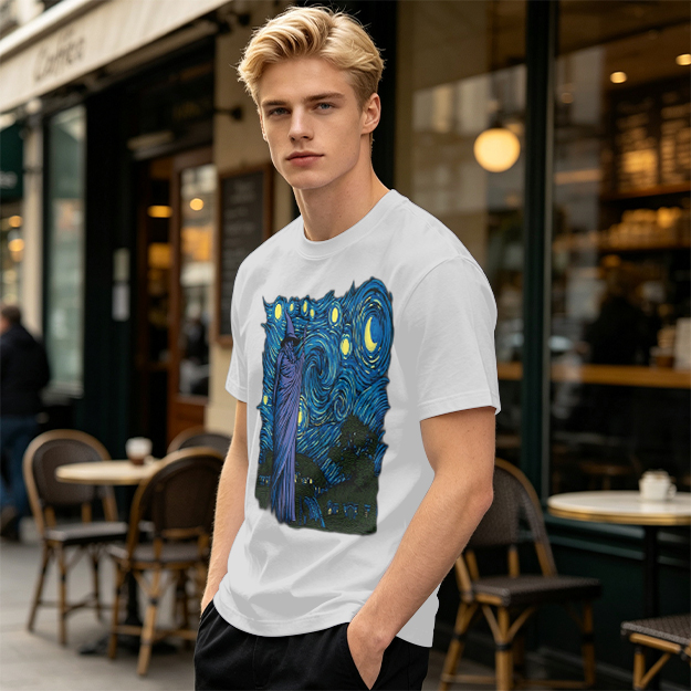 Olive T-Shirt with Wizard Starry Night Art Print