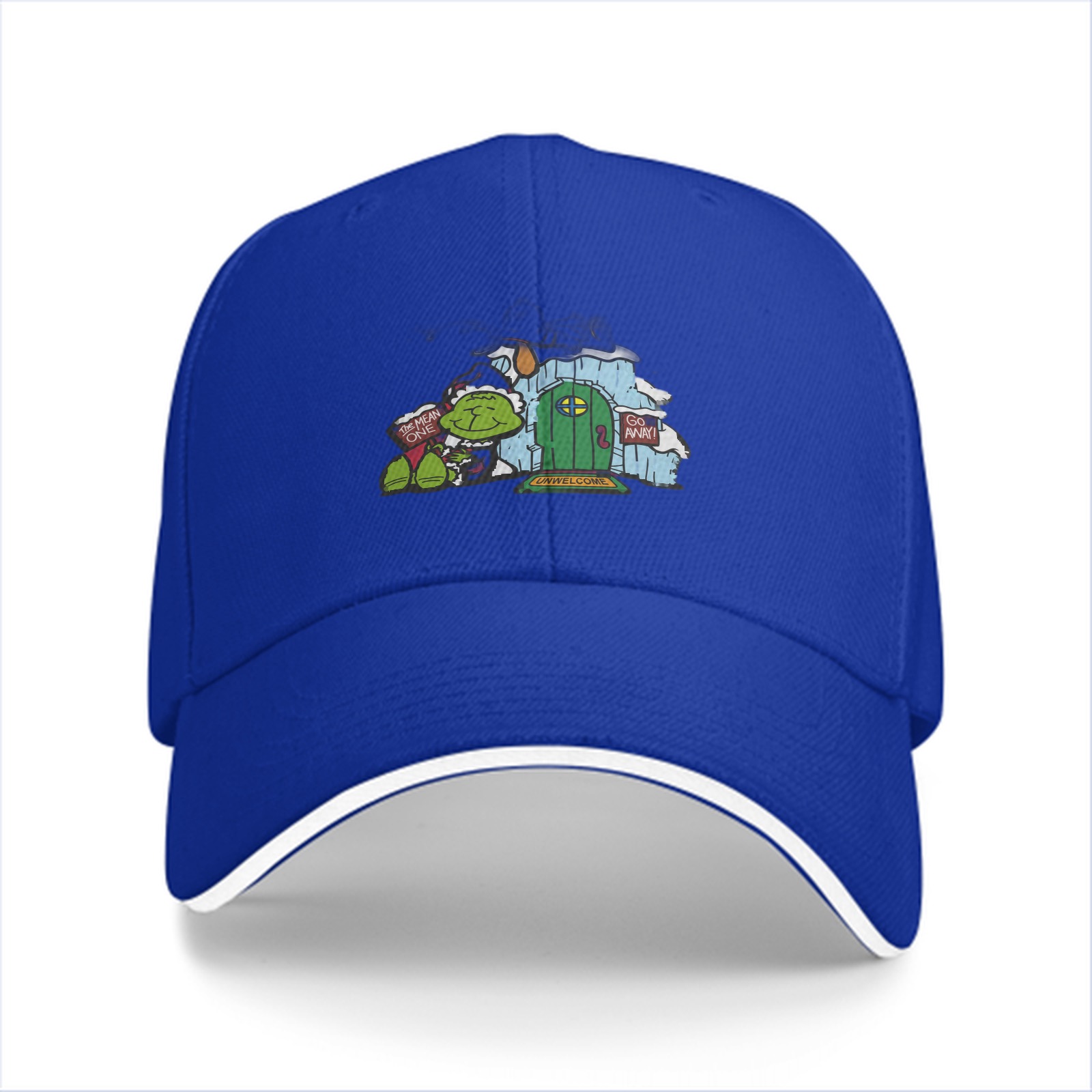 Black baseball cap with Grinch-themed holiday door print
