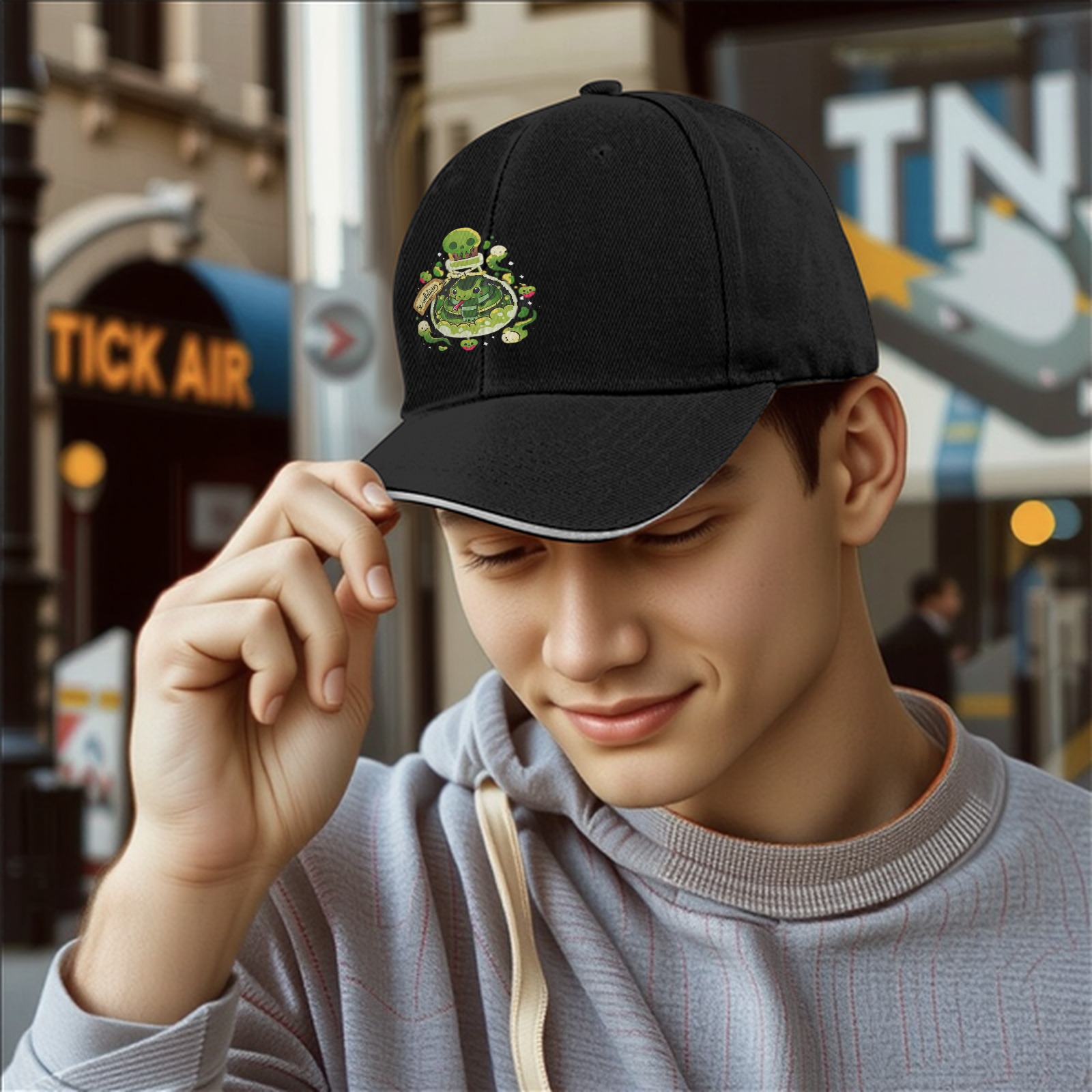 Black baseball cap with green snake potion bottle graphic
