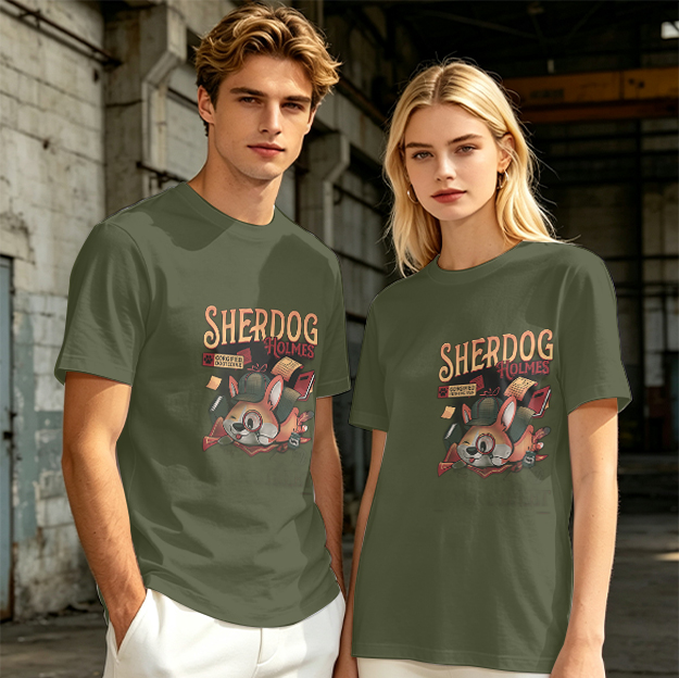 Olive T-Shirt with Sherdog Holmes Detective Dog Graphic Print