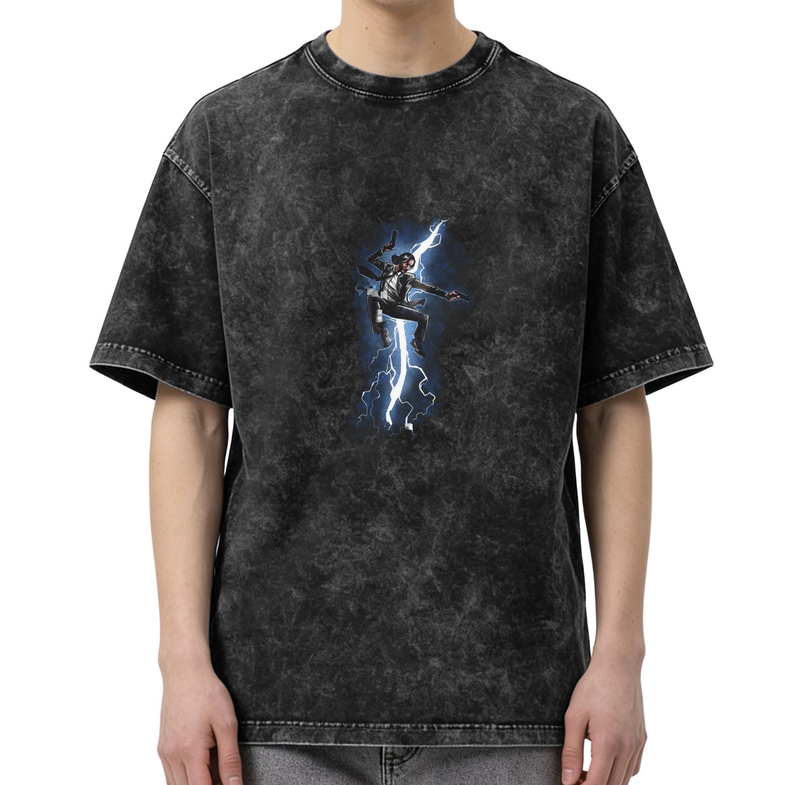 Washed Black Graphic T-Shirt With Lightning Action Print