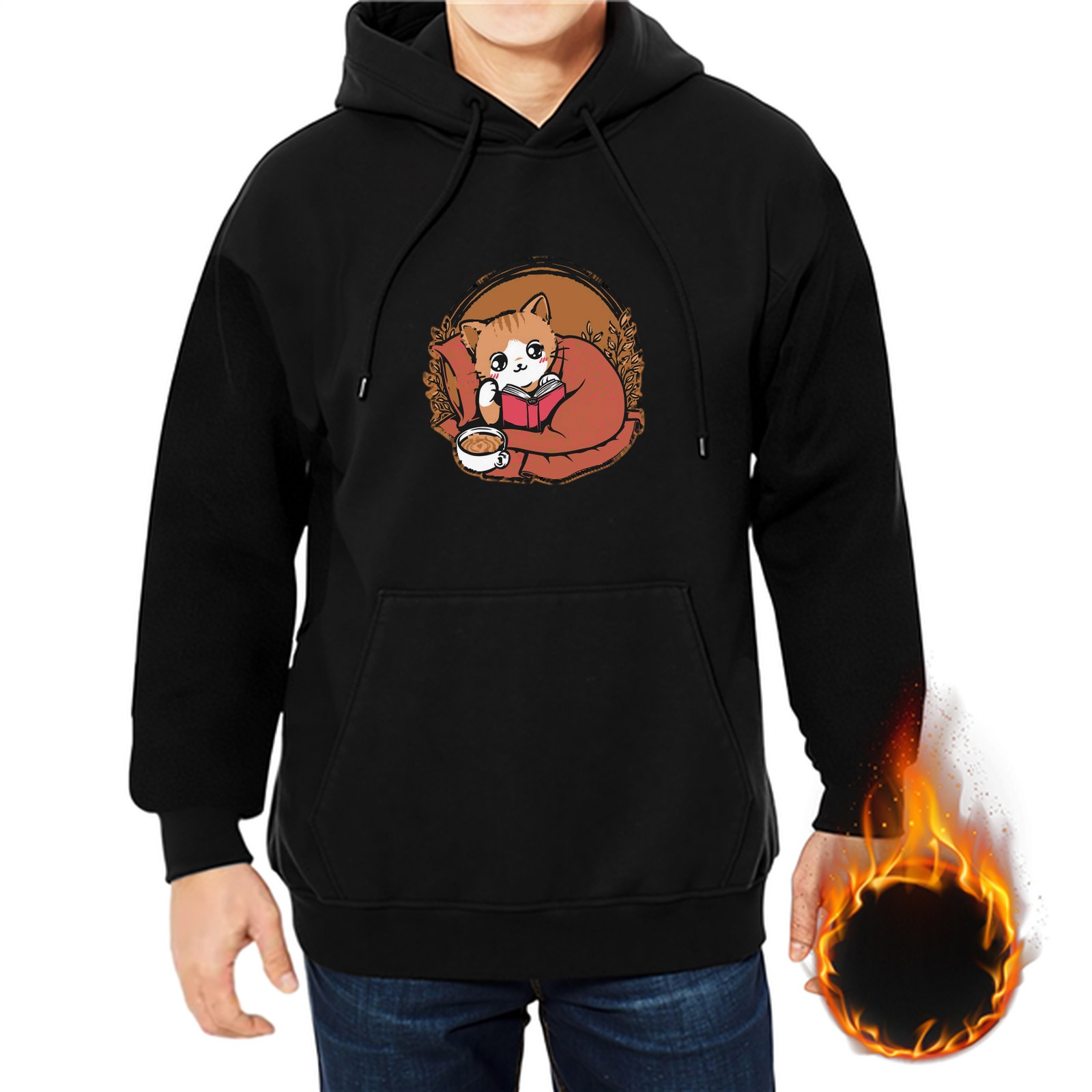 Black hoodie with a cozy cat reading a book and holding a coffee cup print