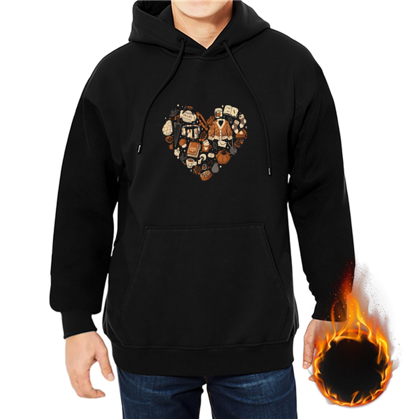 Black Hoodie With Heart Shaped Fall Themed Graphic Print