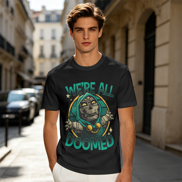 Olive T-Shirt Featuring 'We're All Doomed' Doom Character Art