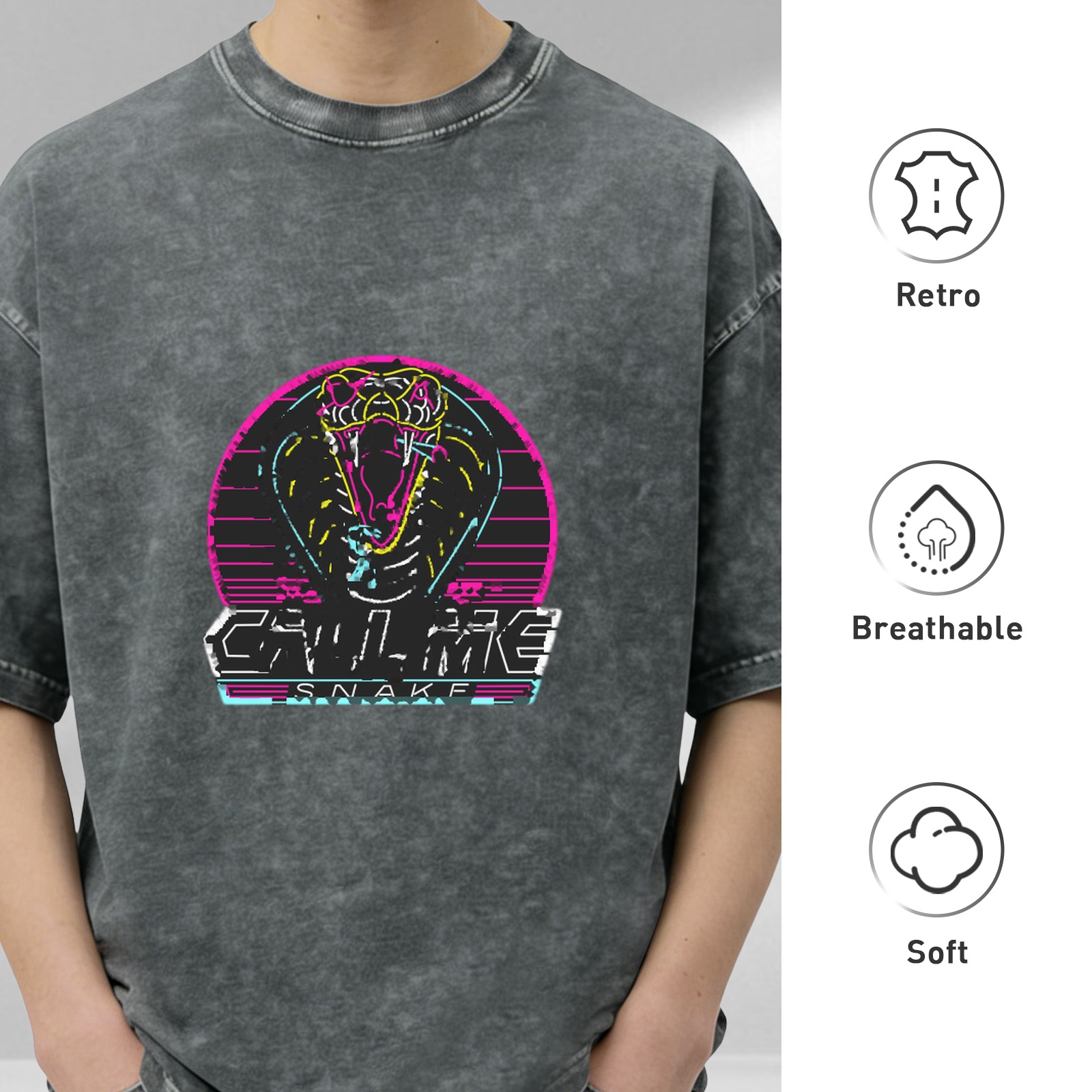 Oversized Acid Wash T-Shirt with Neon Cobra Call Me Snake Graphic