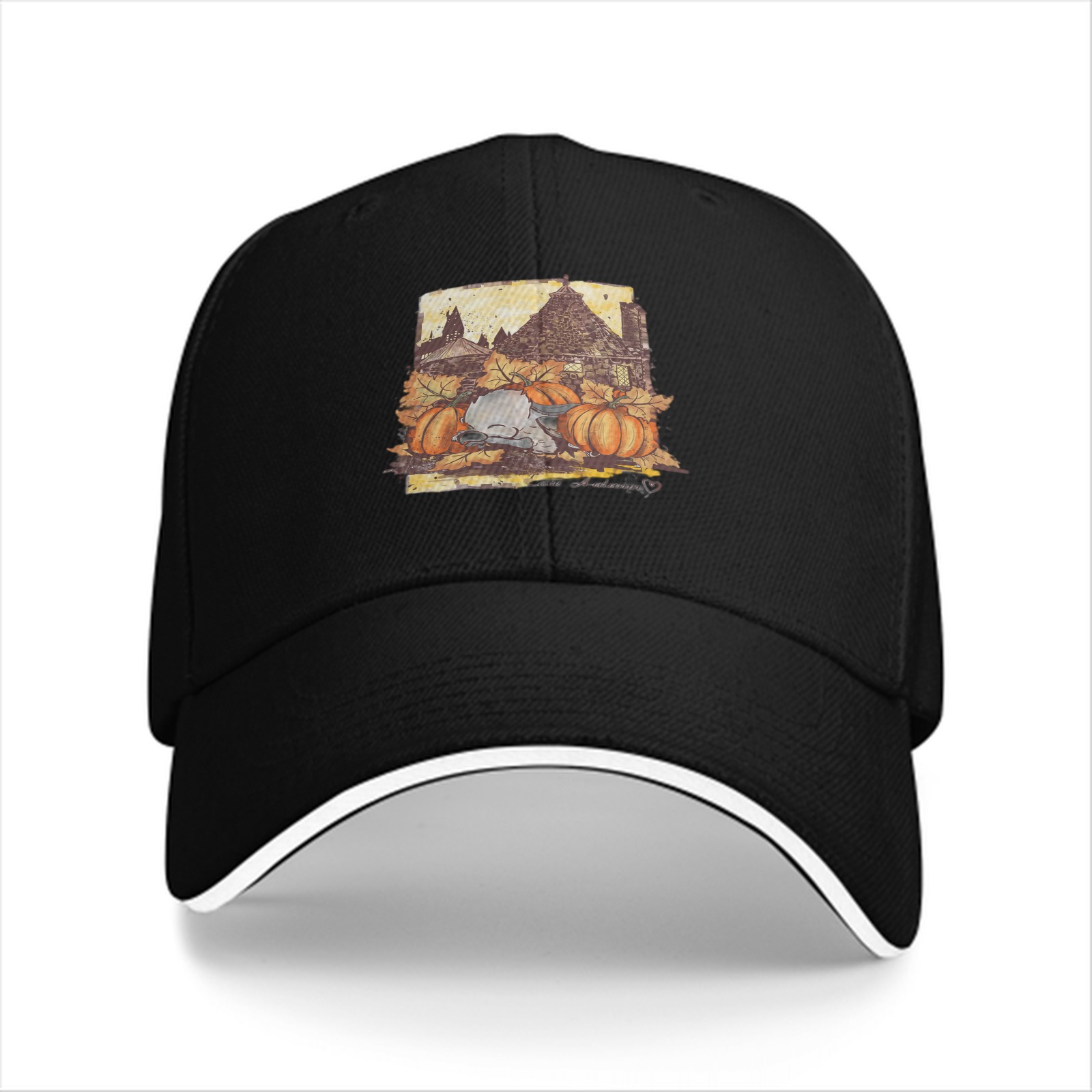 Black Baseball Cap With Autumn Pumpkin Farmhouse Graphic