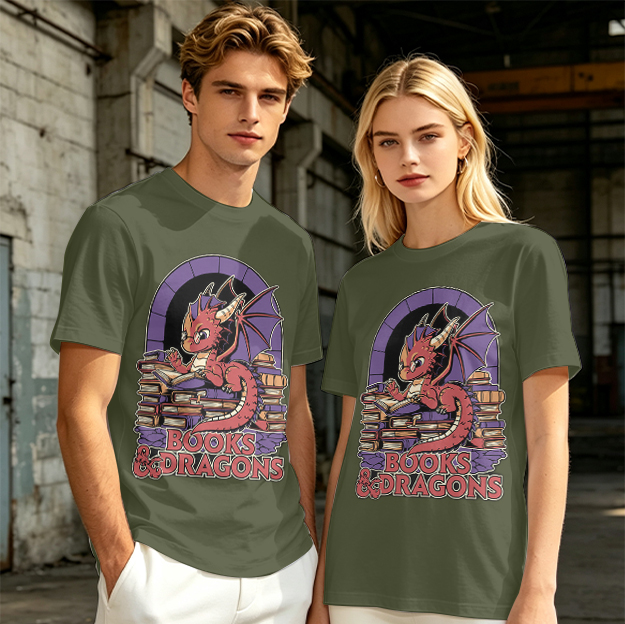 Olive t-shirt with cute red dragon reading books graphic