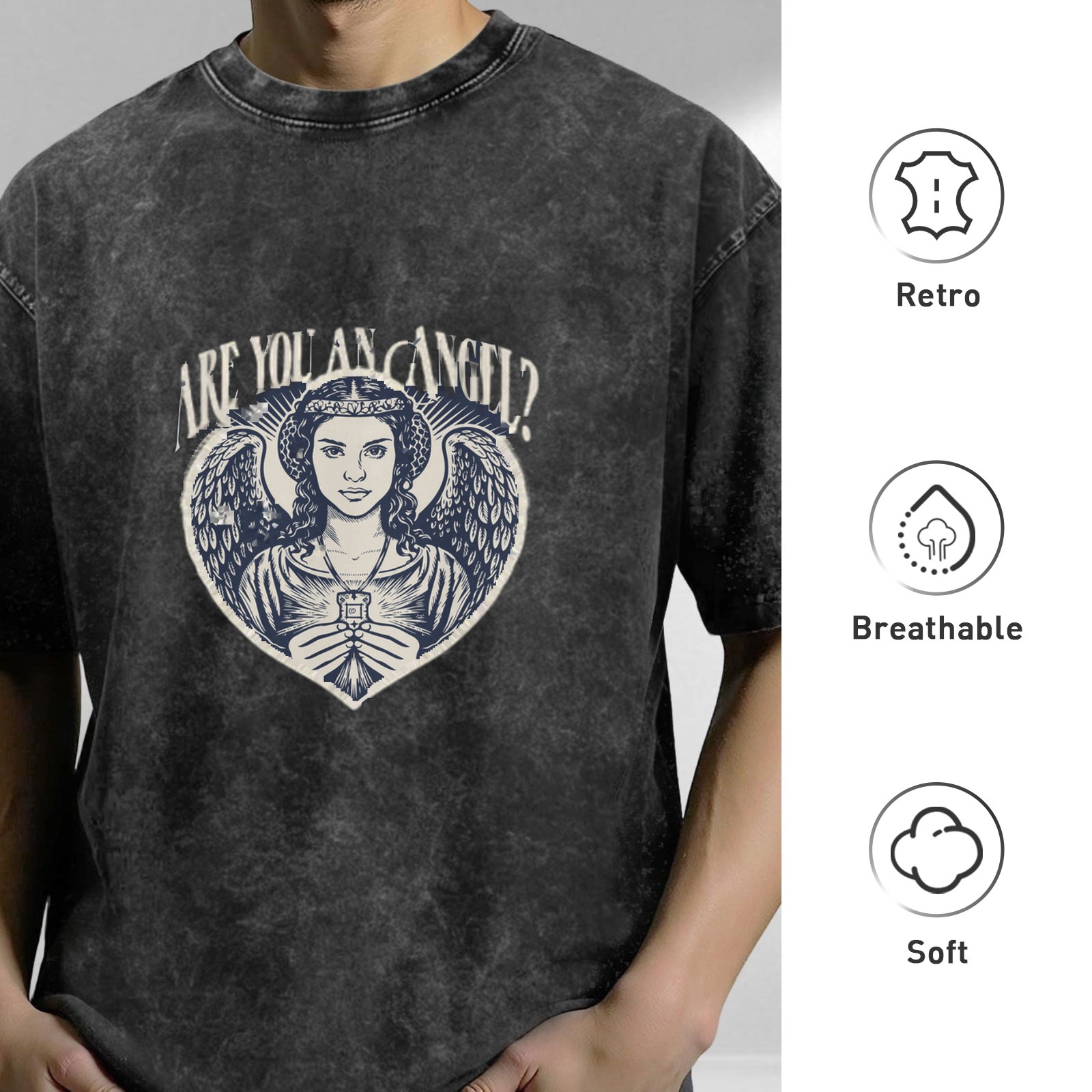 Oversized dark wash graphic t-shirt with angel and 'Are You An Angel?' text