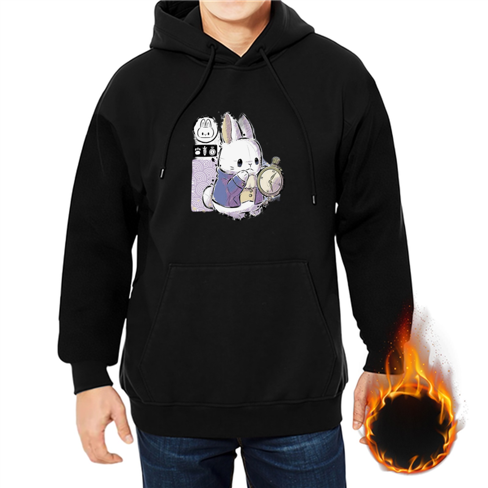 Black Hoodie With White Rabbit Holding Pocket Watch Graphic