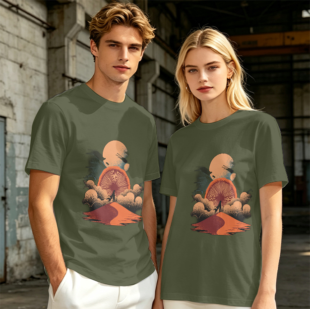 Olive T-Shirt with Surreal Desert Sunset Graphic Print