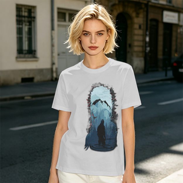 Olive T-Shirt With Dark Fantasy Silhouette And Dragon Print