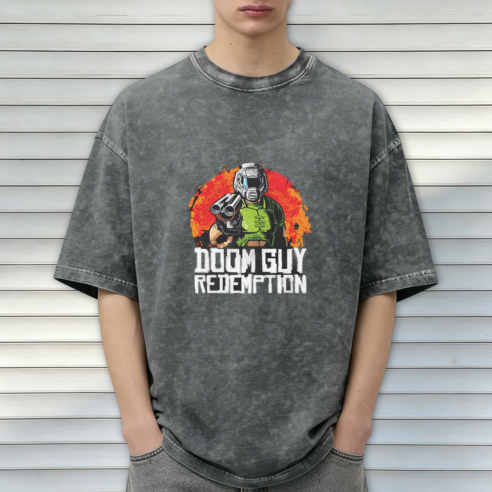 Doom Guy Redemption Graphic Acid Wash Black T-Shirt
