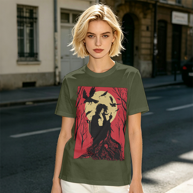Olive T-Shirt With Gothic Crow And Moon Graphic Print