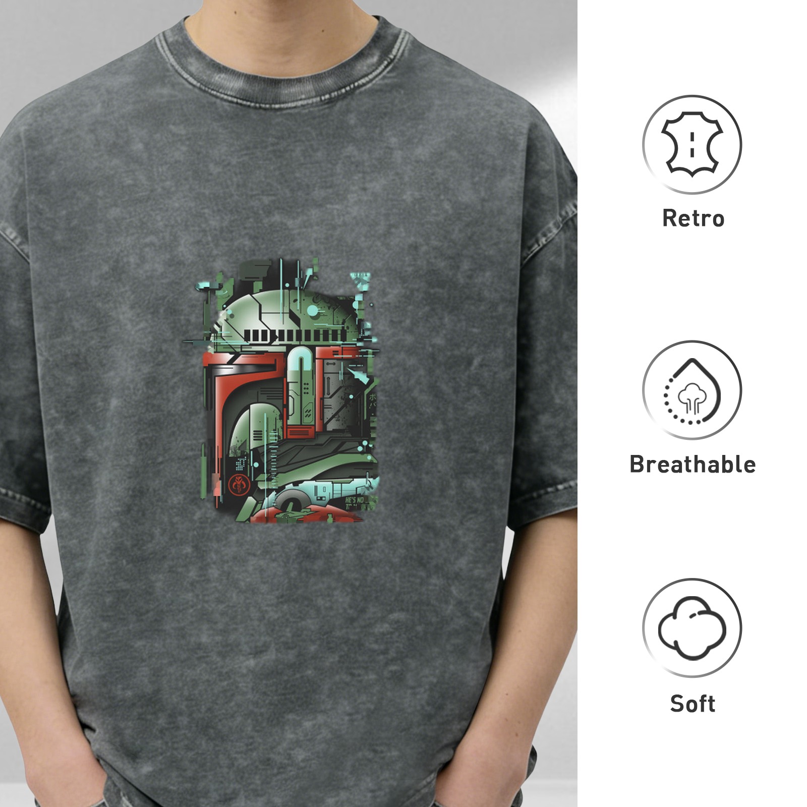 Star Wars Boba Fett Helmet Graphic Oversized Stone Wash T-Shirt