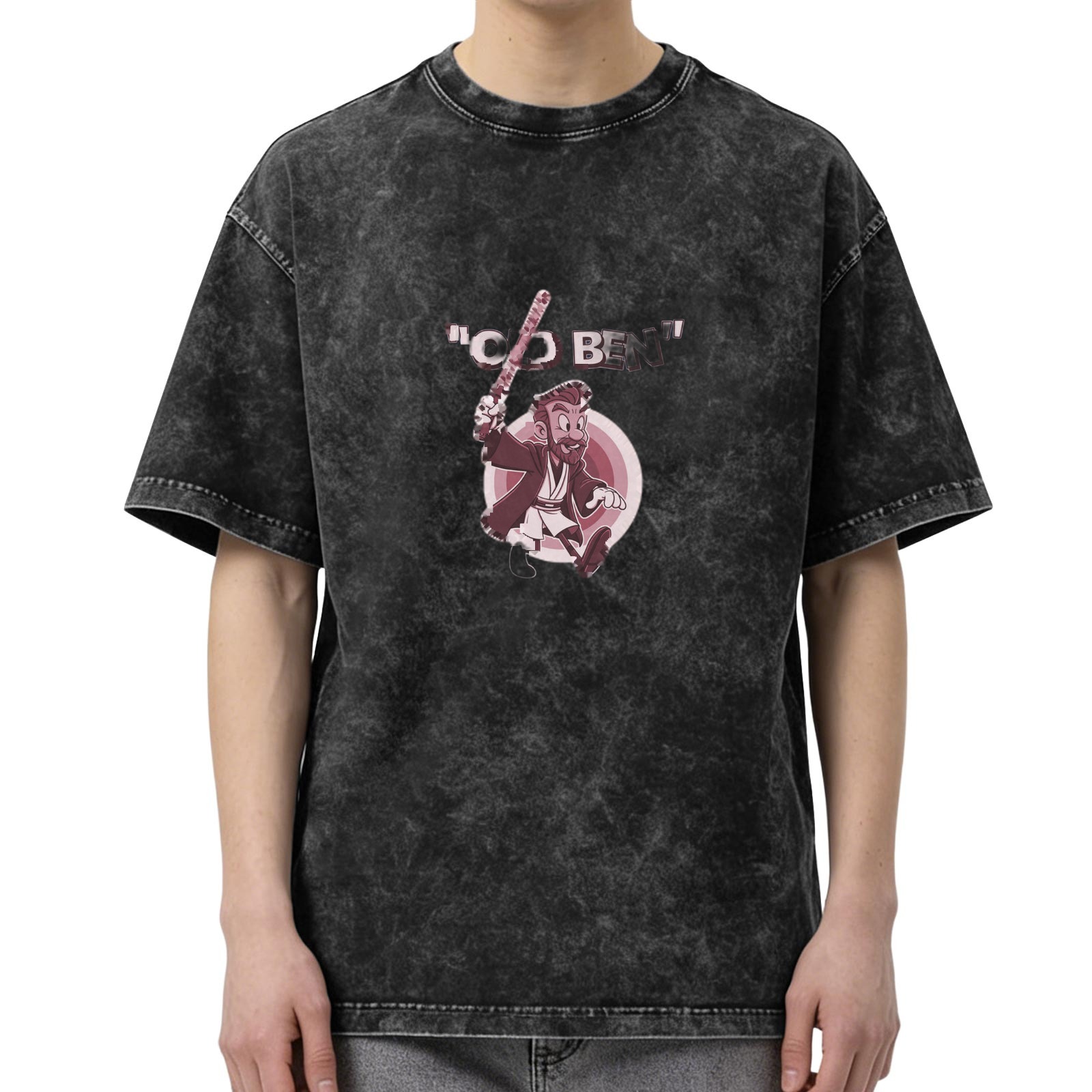 Washed Black T-Shirt With Cartoon Jedi 'Obi Ben' Print