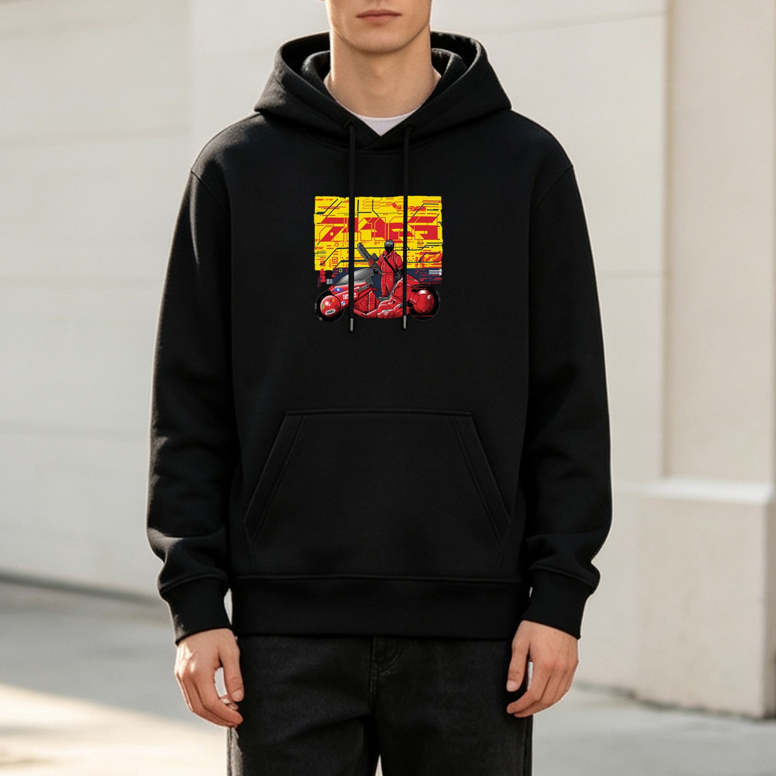 Black hoodie with anime motorcycle graphic print