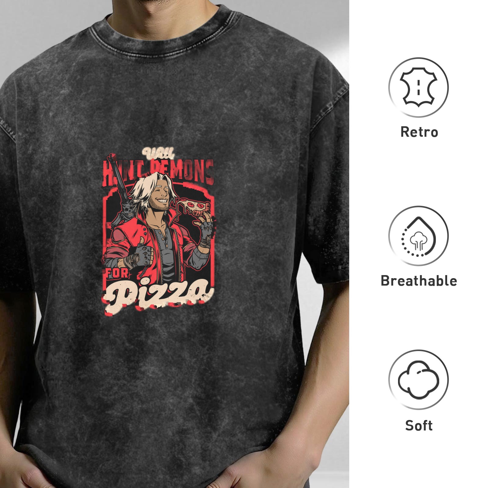 Devil May Cry Dante 'Hunt Demons For Pizza' Graphic Stone Wash T-Shirt