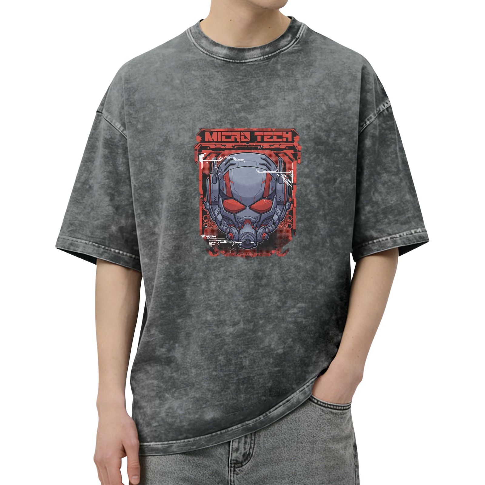 Oversized Acid Wash T-Shirt with Ant-Man Micro Tech Graphic