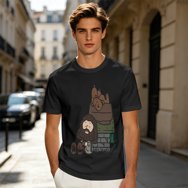 Olive T-Shirt With Cartoon Bearded Man And Doghouse Print