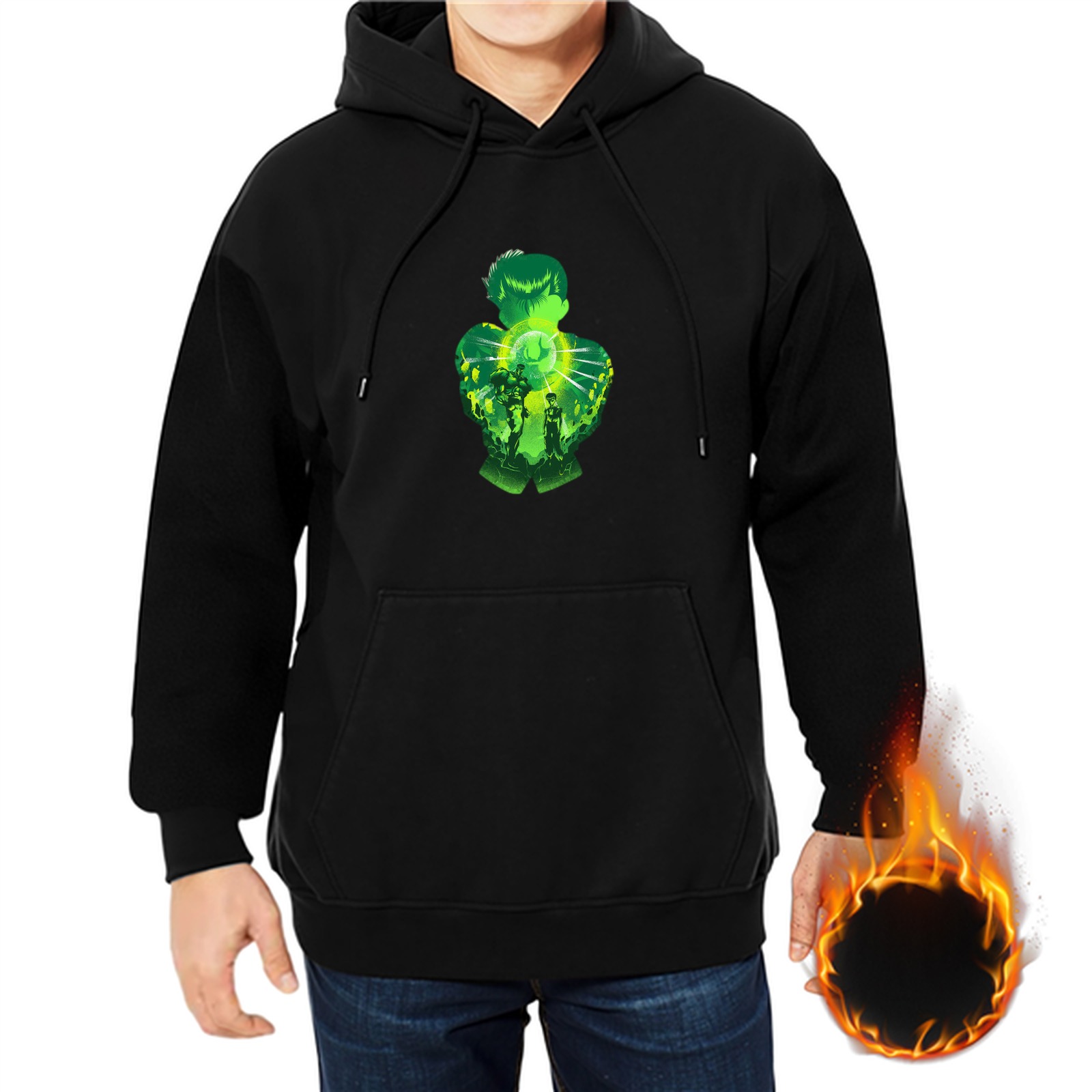 Black Hoodie With Glowing Green Superhero Silhouette Art