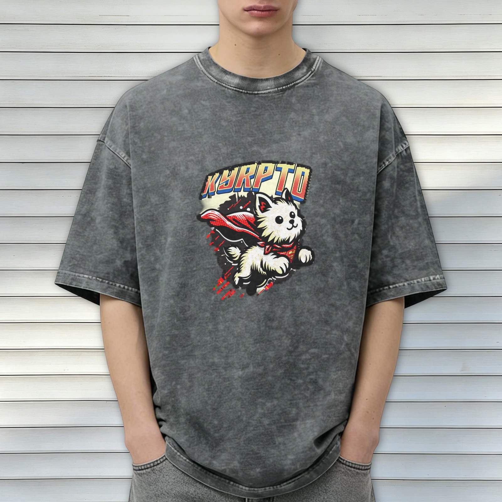 Washed Black Oversized T-Shirt with Superhero Flying Puppy Graphic