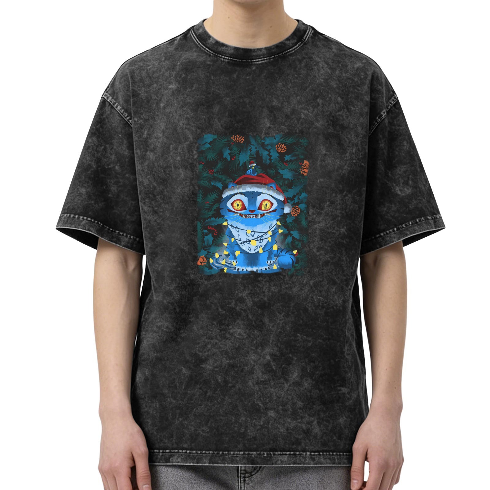 Distressed Black Christmas Blue Cat Print Short Sleeve T-Shirt