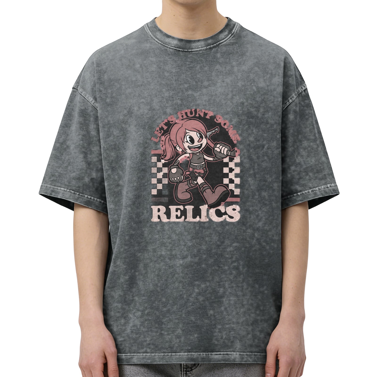 Washed Graphic Tee With Retro Cartoon Relic Hunter Print