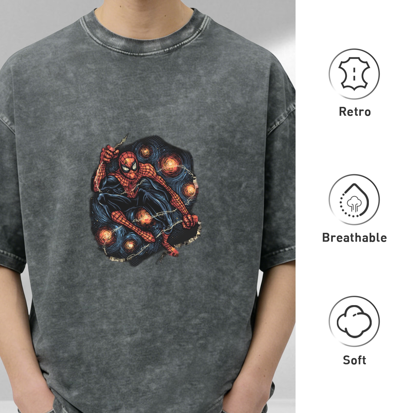 Washed Black T-Shirt With Spider-Man Swinging Web Graphic