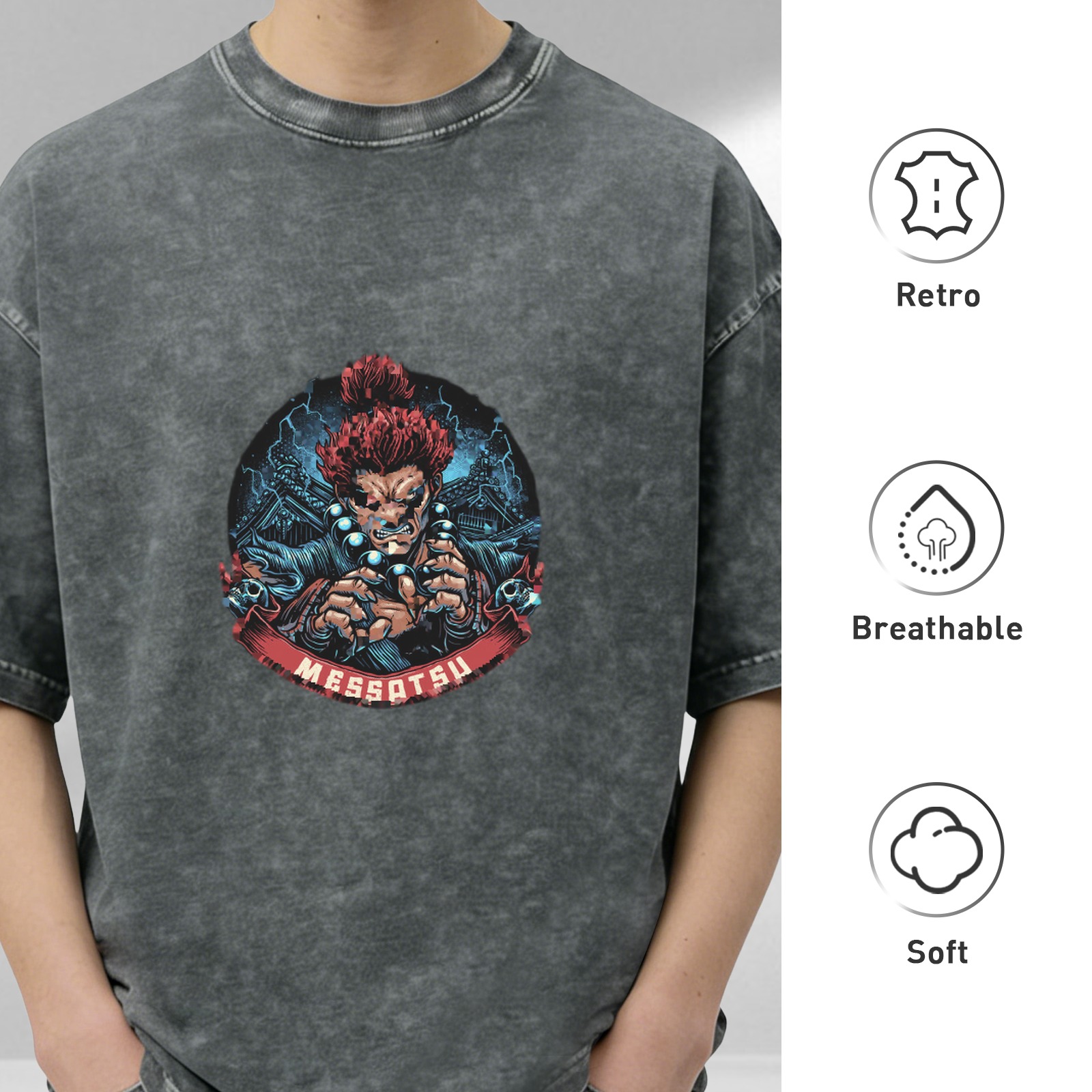 Oversized Dark Wash T-Shirt With Akuma Messatsu Graphic
