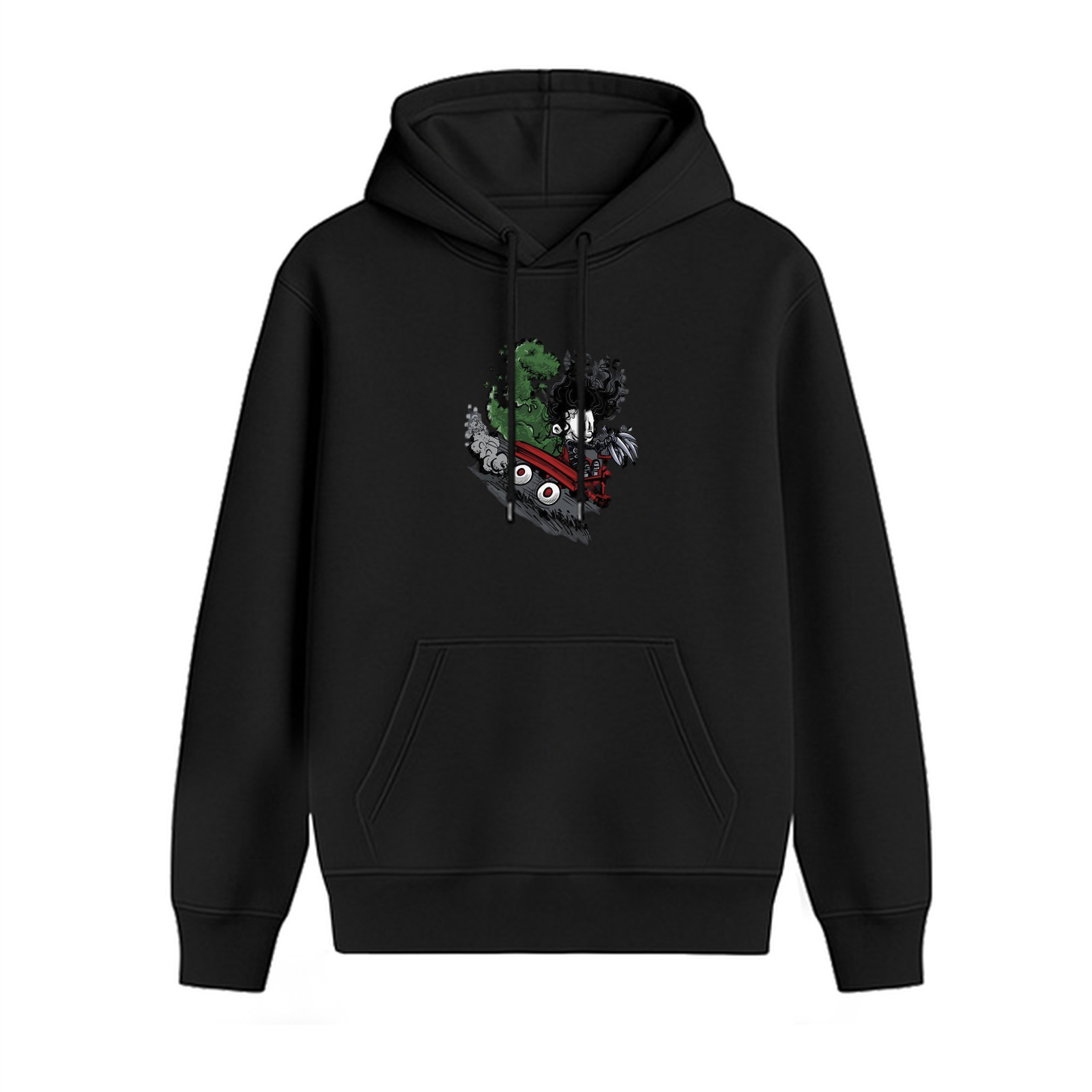 Black Hoodie With Anime Villain Inspired Graphic Print