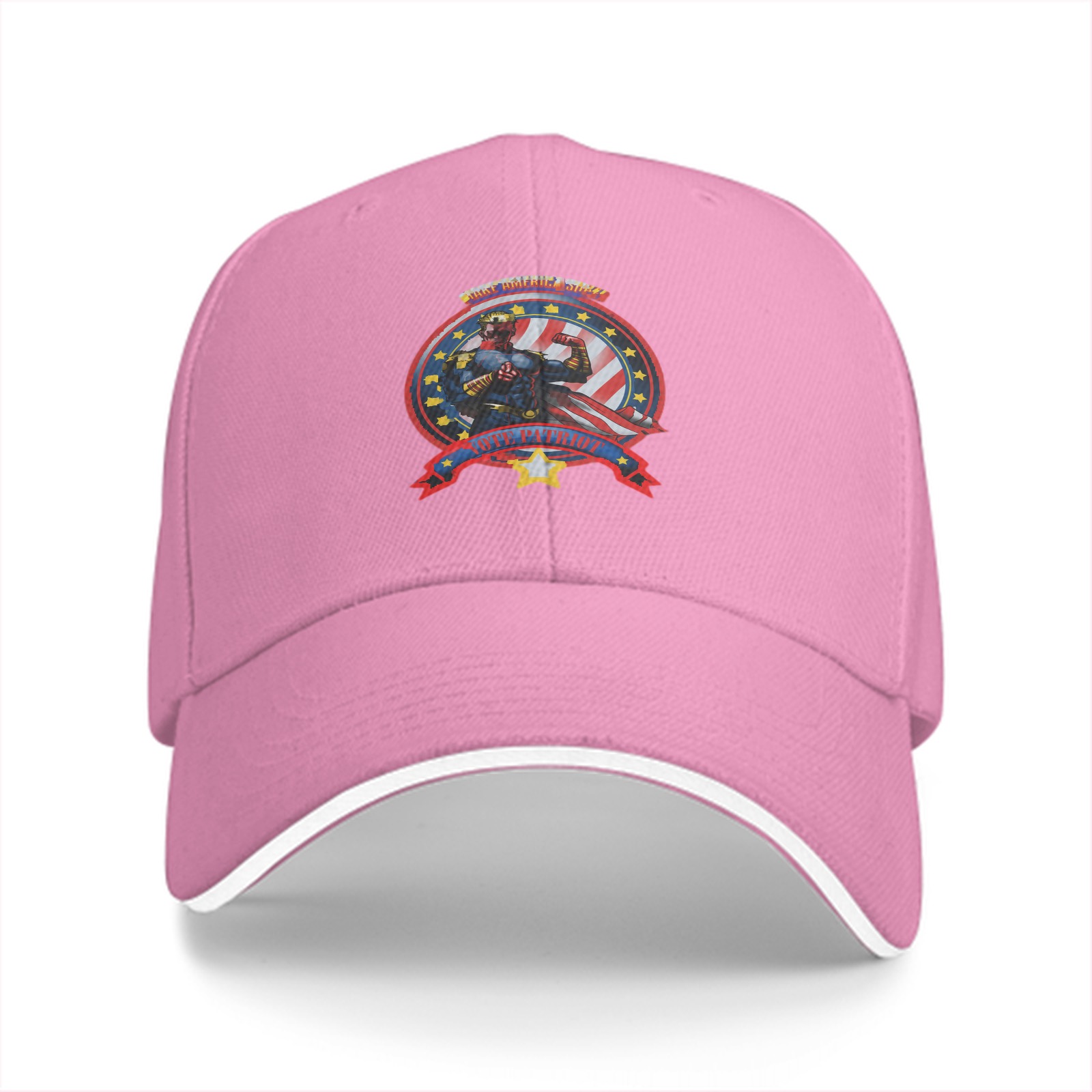 Black baseball cap with patriotic superhero emblem print